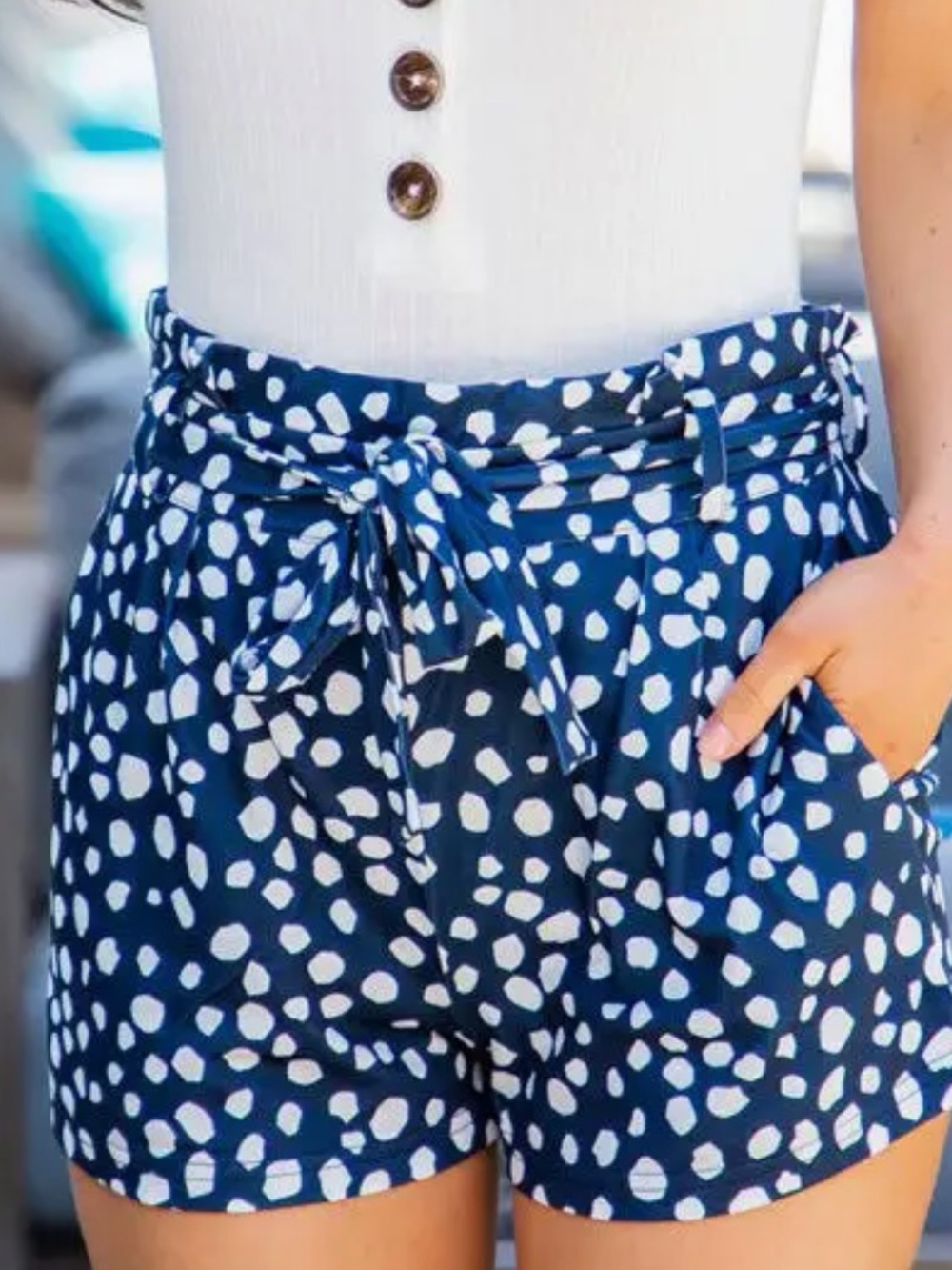 Tickled Teal Navy and White High-Waist Tie Belt Shorts
